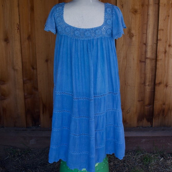 Vintage 70's Boho Handmade 100% Cotton Knit/Crochet Blue Midi Tiered Dress - Picture 11 of 17
